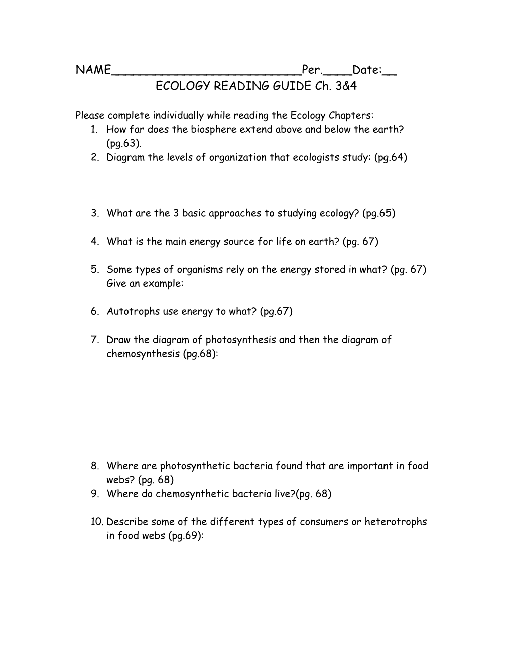 Please Complete Individually While Reading the Ecology Chapters