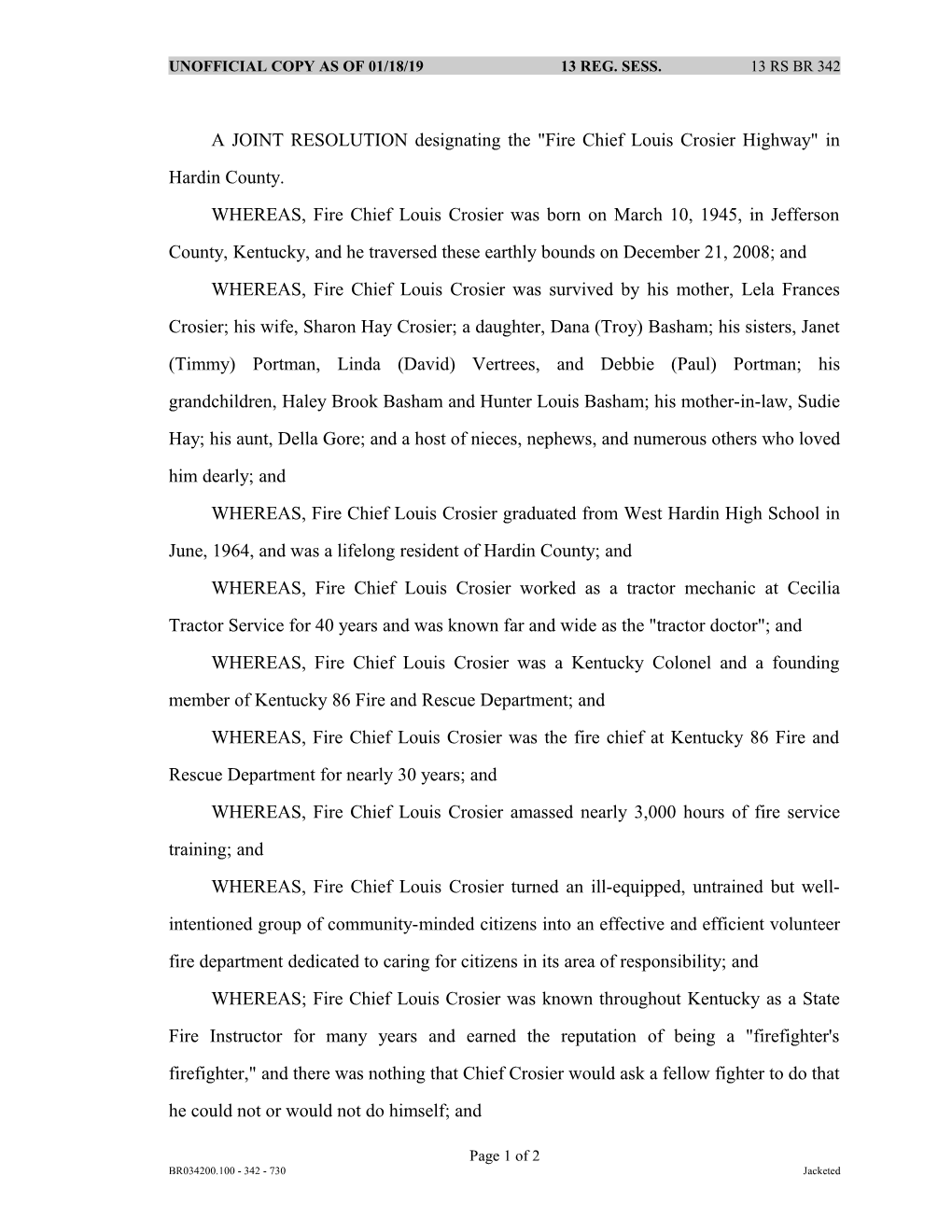 A JOINT RESOLUTION Designating the Fire Chief Louis Crosier Highway in Hardin County