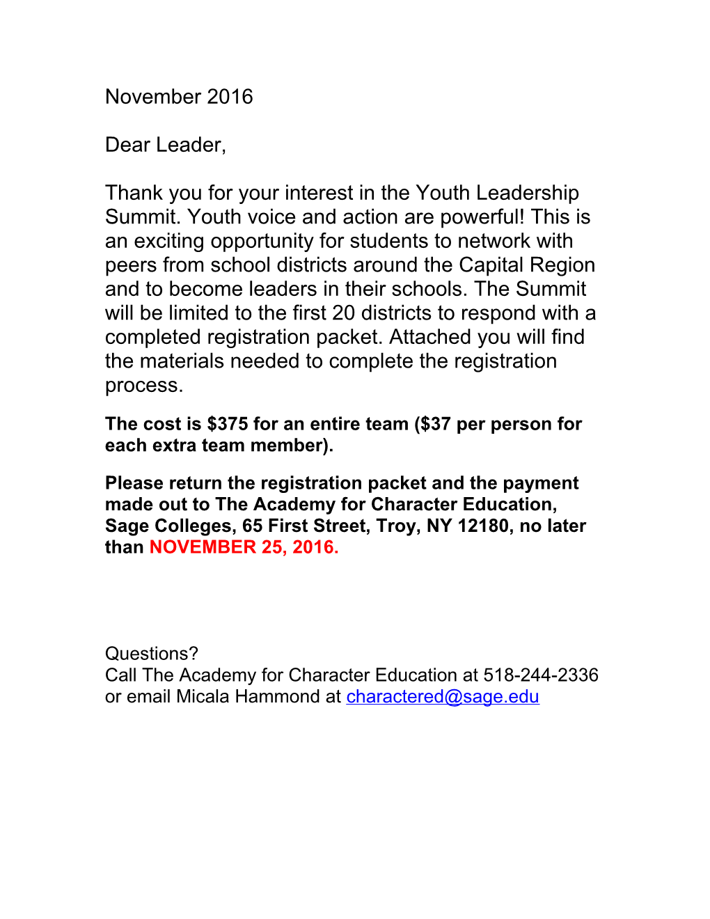 Thank You for Your Interest in the Youth Leadership Summit