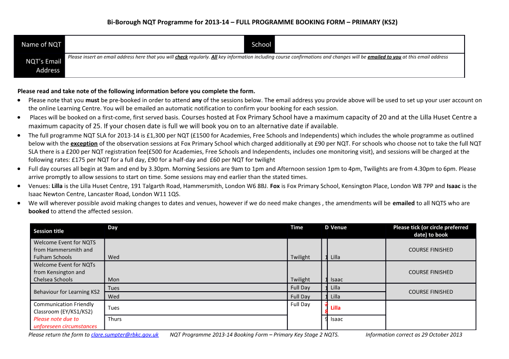 Bi-Borough NQT Programme for 2013-14 FULL PROGRAMME BOOKING FORM PRIMARY (KS2)