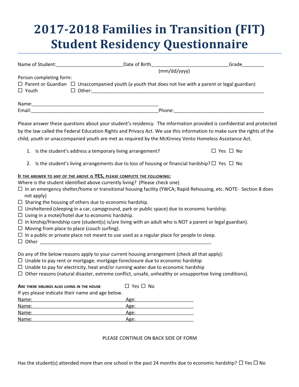 2017-2018 Families in Transition (FIT) Student Residency Questionnaire