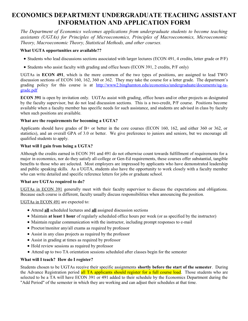 Economics Department Undergraduate Teaching Assistant Information and Application Form