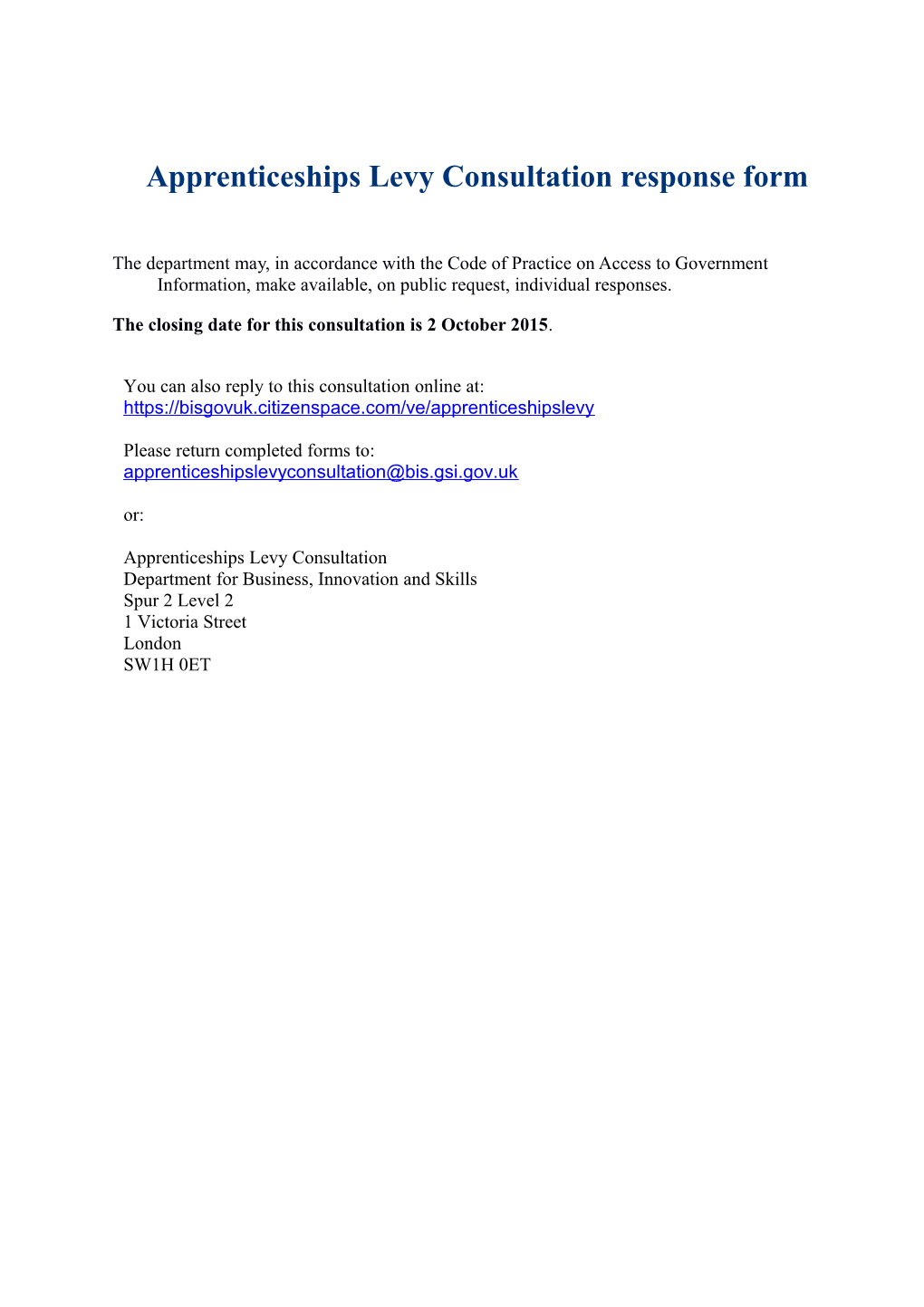 Apprenticeships Levy Consultation Response Form