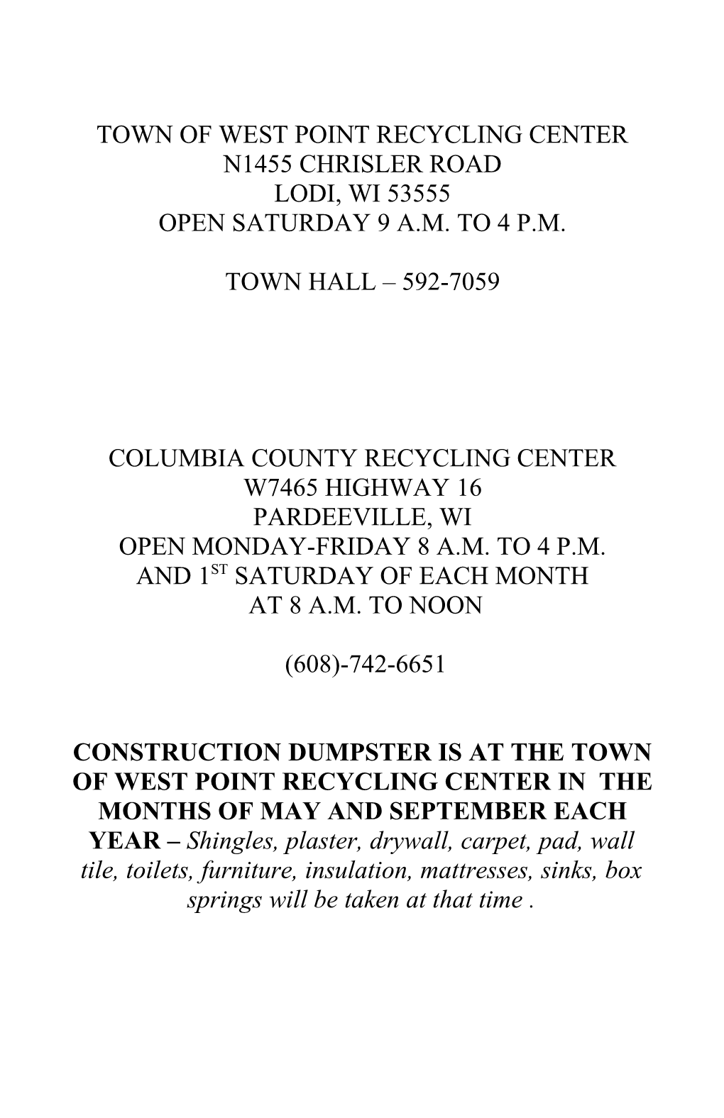 Town of West Point Recycling Center