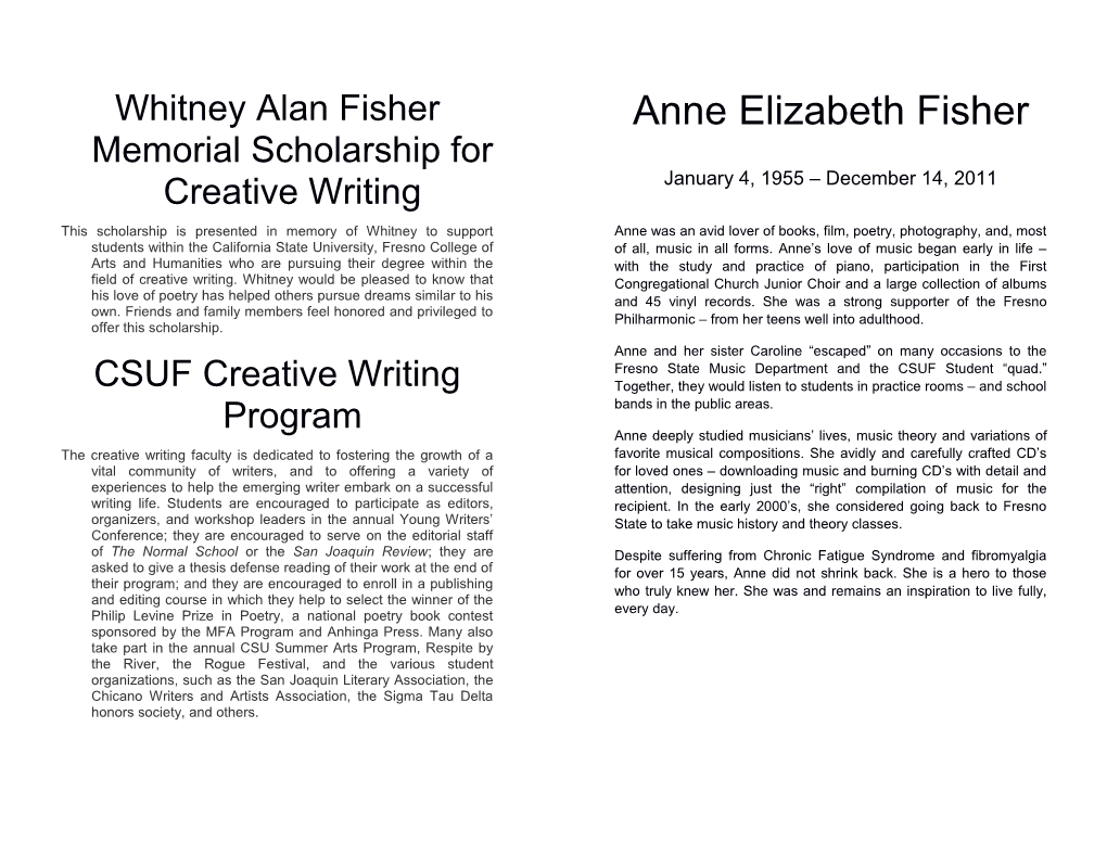 Anne Elizabeth Fisher Memorial Scholarship for Music