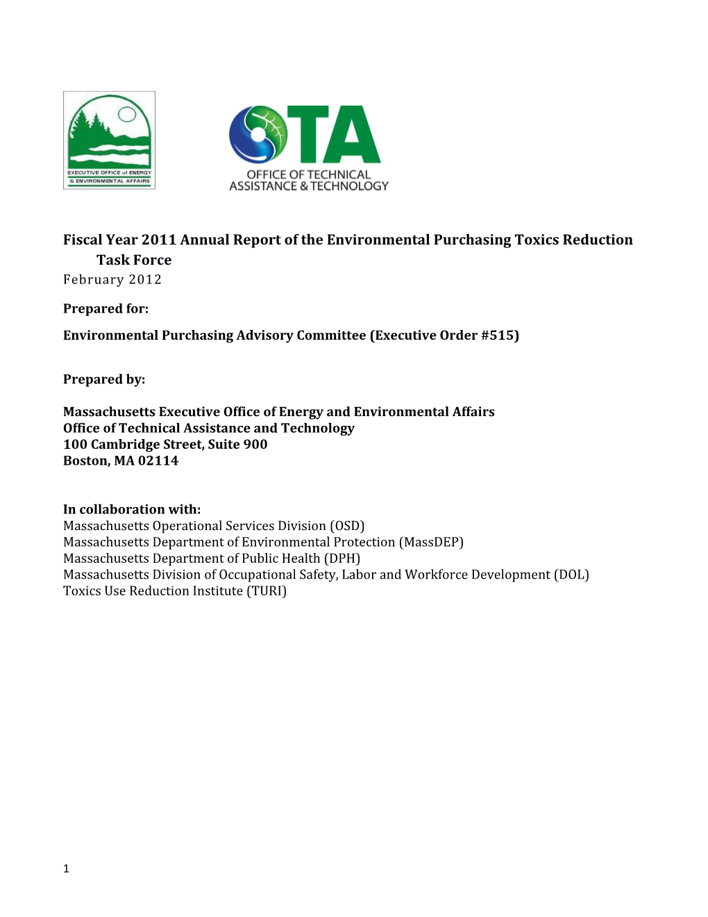 Toxics Reduction Task Force Progress Report to the Environment Purchasing Advisory Committee