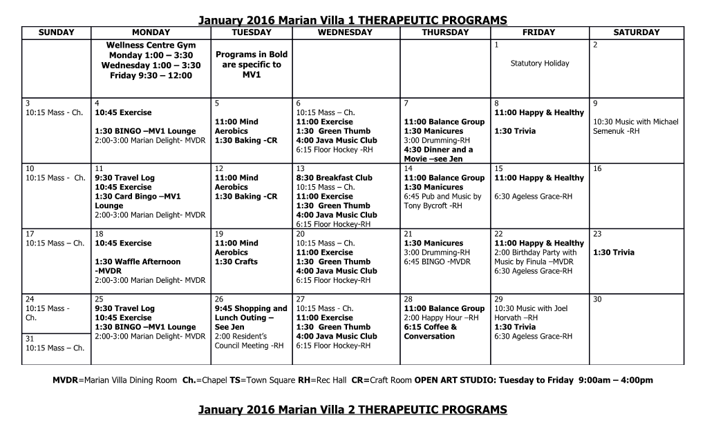 January 2016 Marian Villa 1 THERAPEUTIC PROGRAMS