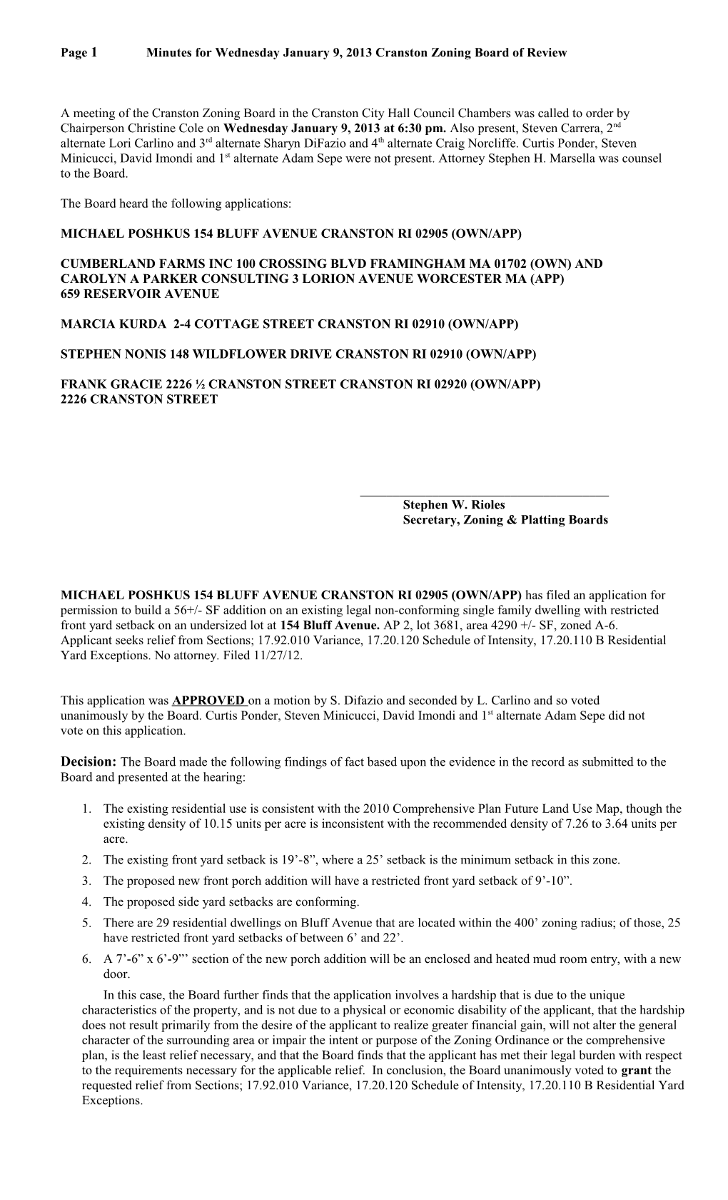 Page 1Minutes for Wednesday January 9, 2013Cranston Zoning Board of Review