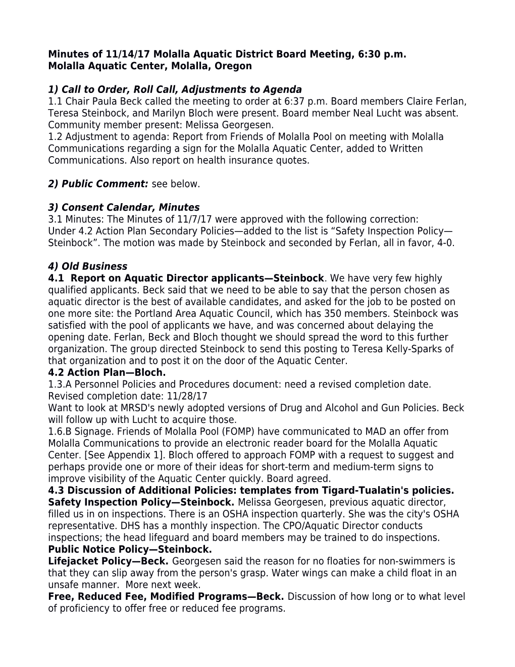 Minutes of 11/14/17 Molalla Aquatic District Board Meeting, 6:30 P.M