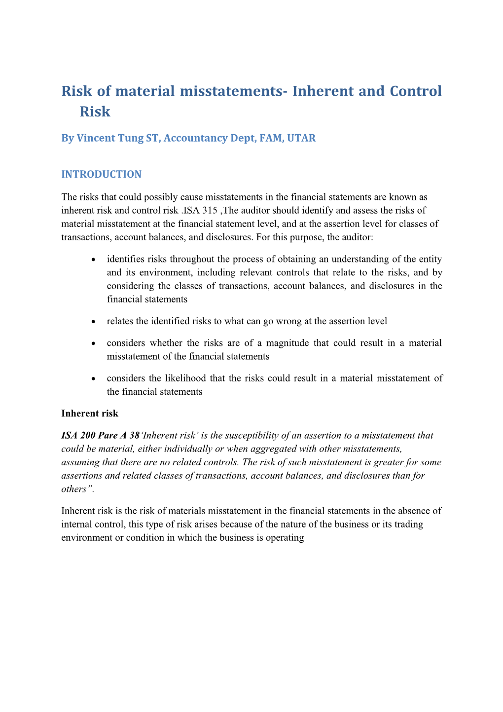 Risk of Material Misstatements- Inherent and Control Risk