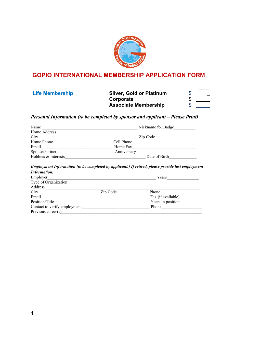 Gopio International Membership Application Form