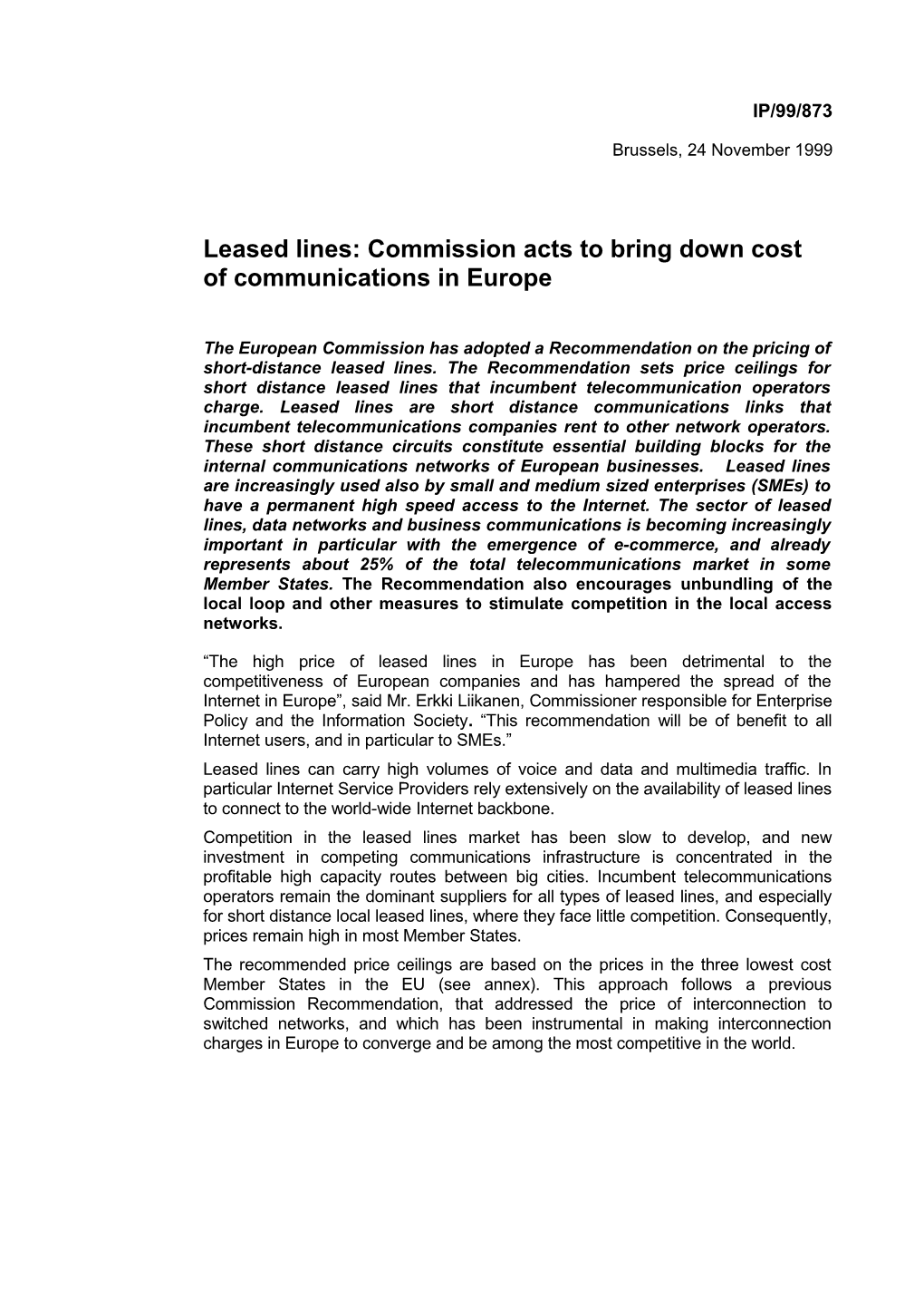 Leased Lines: Commission Acts to Bring Down Cost of Communications in Europe