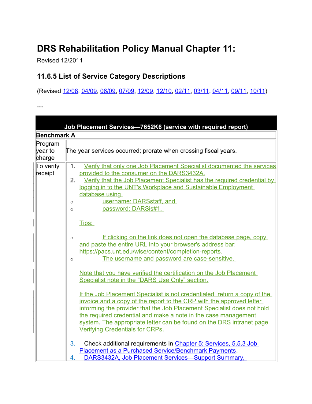 DRS Rehabilitation Policy Manual Chapter 11 Revisions, December 2011
