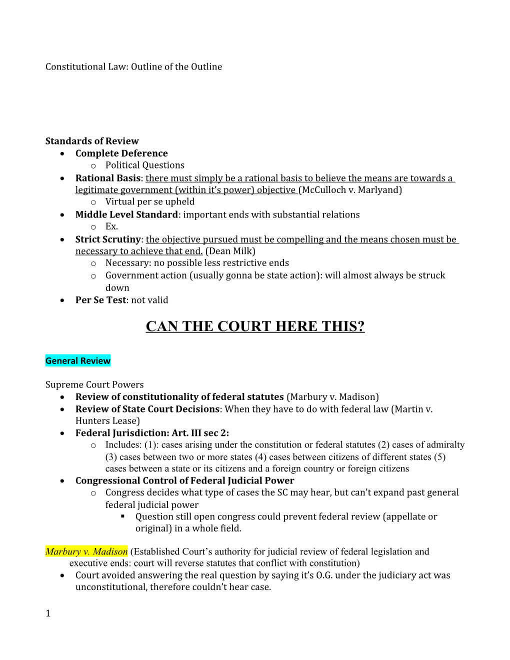 Constitutional Law: Outline of the Outline