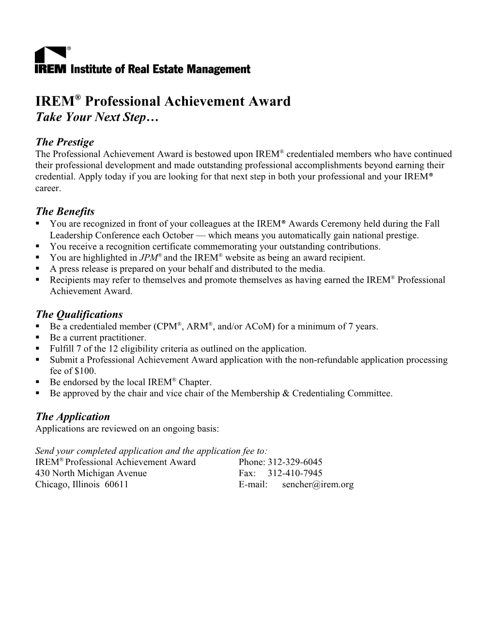 Cpm Professional Achievement Award Application