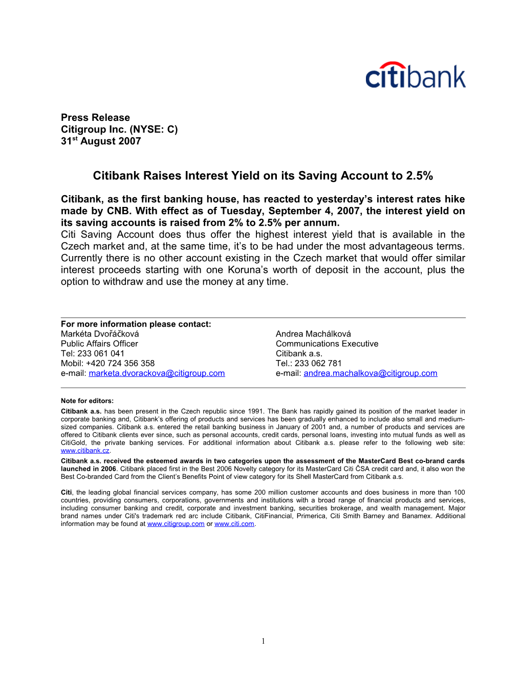 Citibank Raises Interest Yield on Its Saving Account to 2.5%