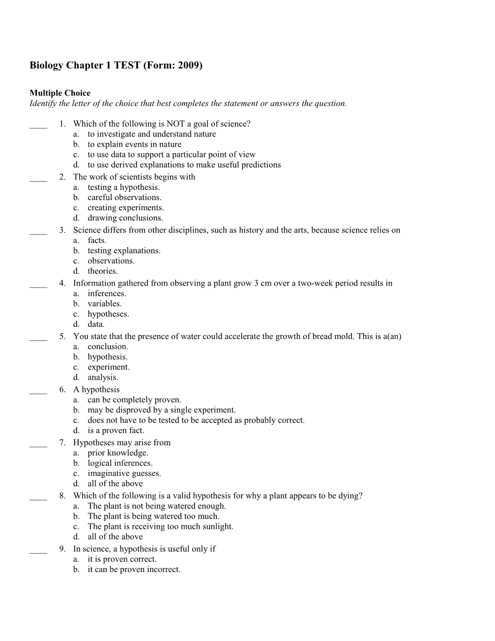 Biology Chapter 1 TEST (Form: 2009)