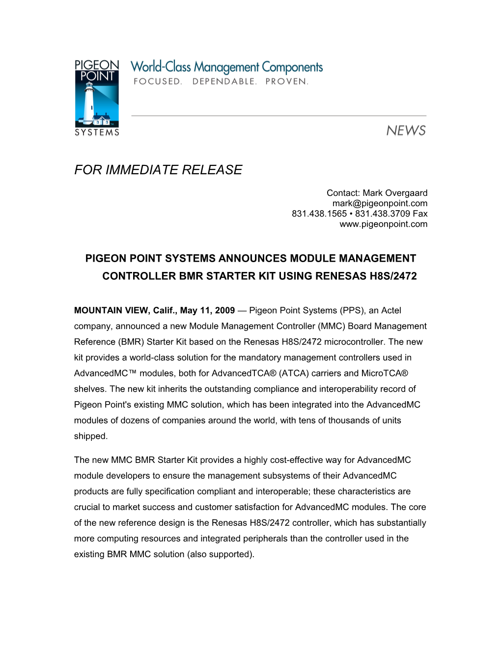 Pigeon Point Systems Announces Module Management Controller BMR Starter Kit Using Renesas