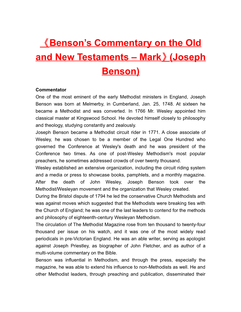 Benson S Commentary on the Old and New Testaments Mark (Joseph Benson)