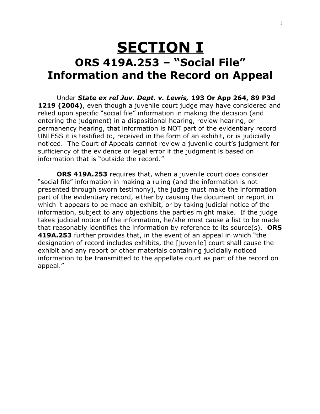 ORS 419A.253 Social File Information and the Record on Appeal