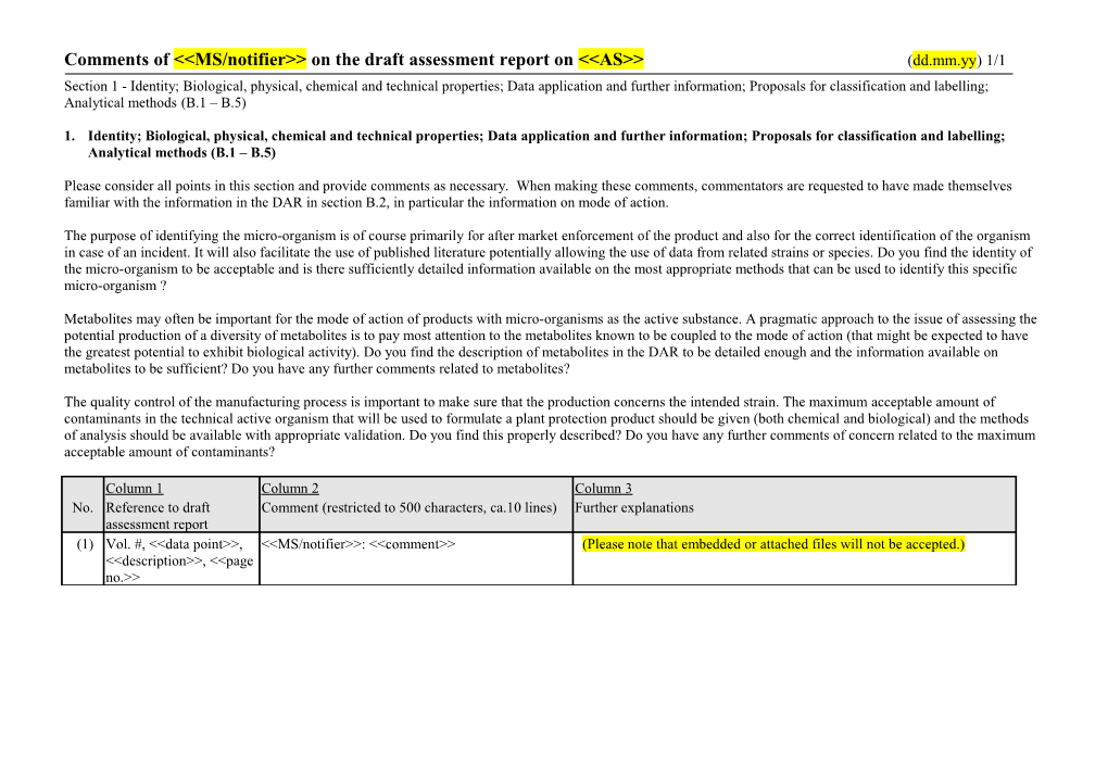 Comments of &lt;MS/Notifier&gt; on the Draft Assessment Report on &lt;AS&gt; (Dd.Mm.Yy) 1/1