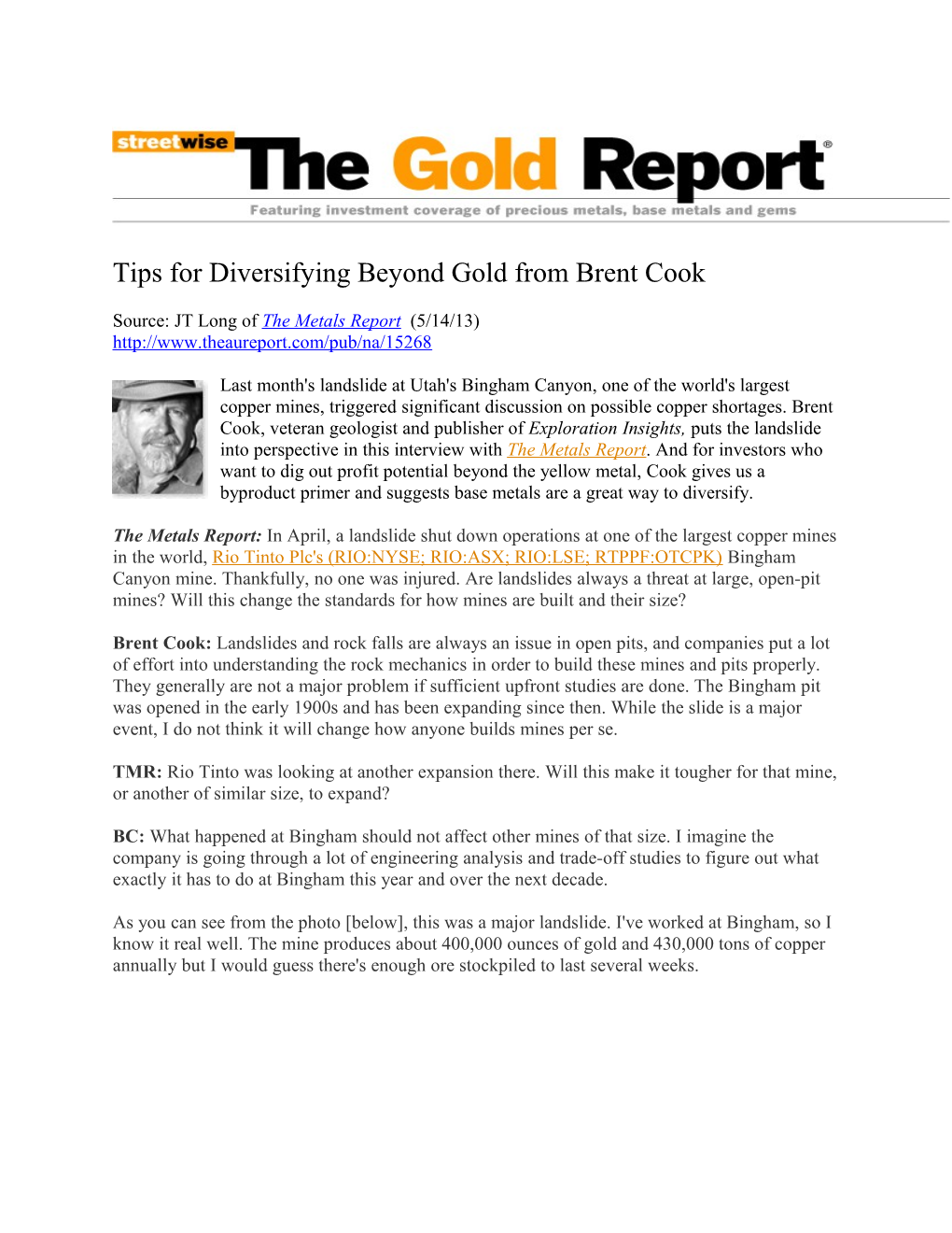 Tips for Diversifying Beyond Gold from Brent Cook
