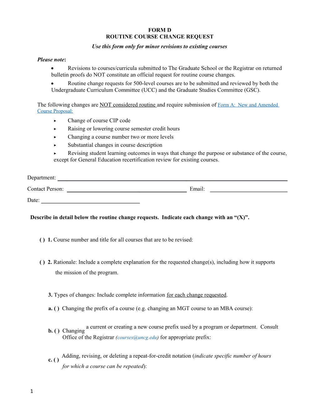 Use This Form Only for Minor Revisions to Existing Courses