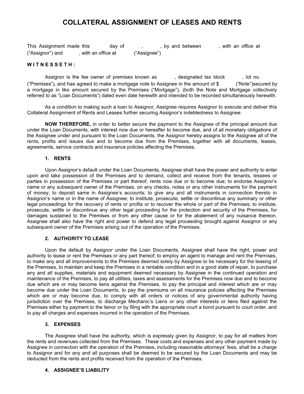 Collateral Assignment of Leases and Rents