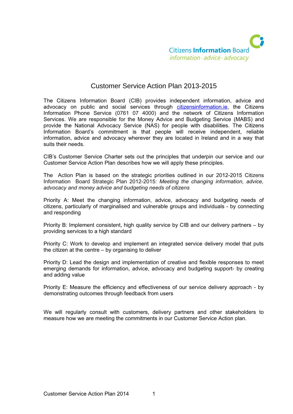 Customer Service Action Plan 2013-2015