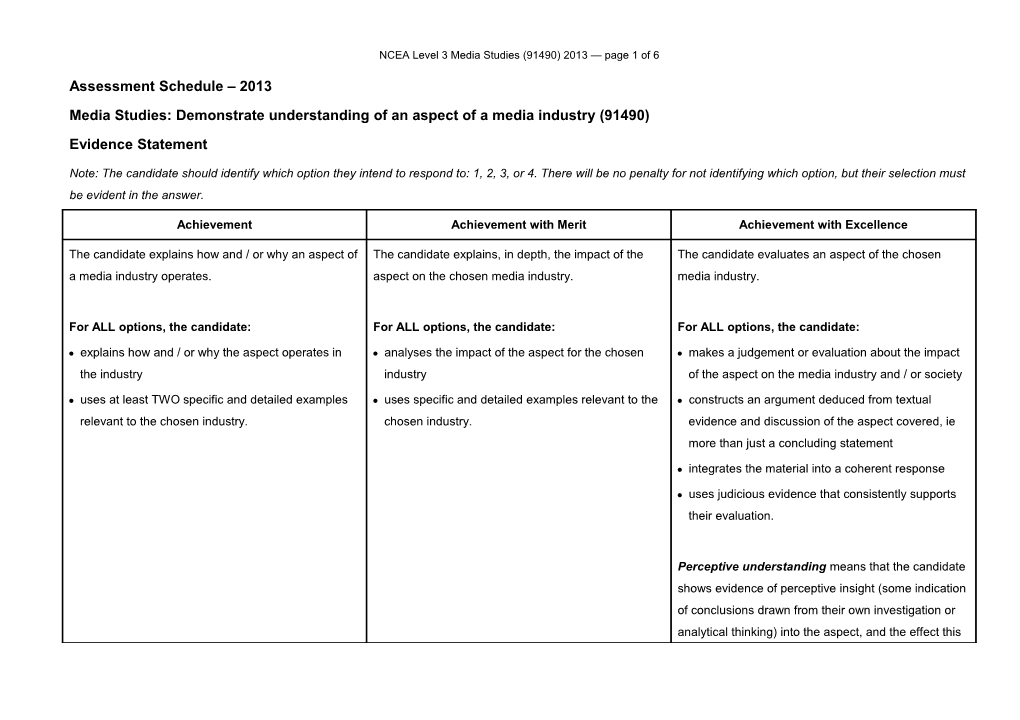 NCEA Level 3 Media Studies (91490) 2013 Assessment Schedule