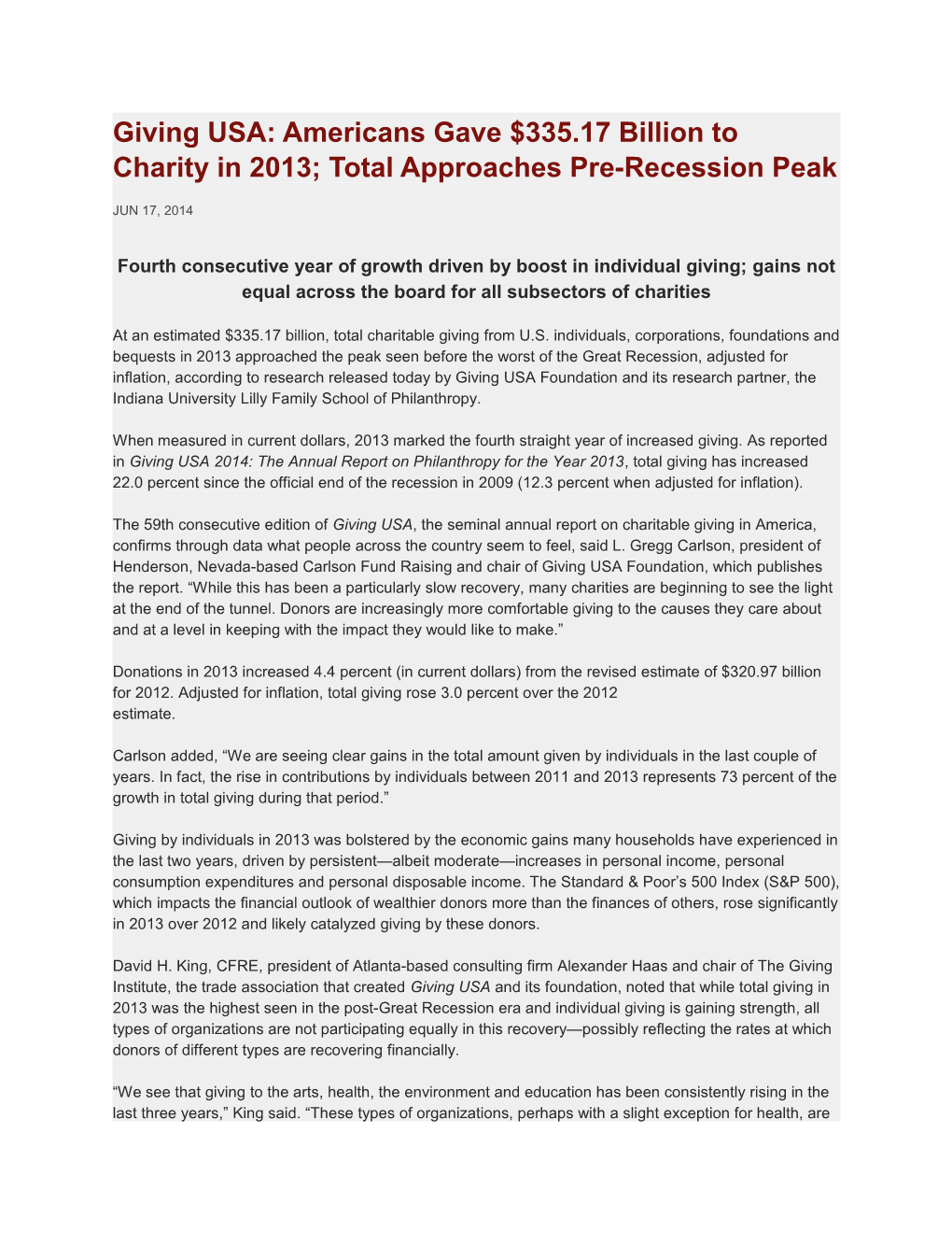 Giving USA: Americans Gave $335.17 Billion to Charity in 2013; Total Approaches Pre-Recession
