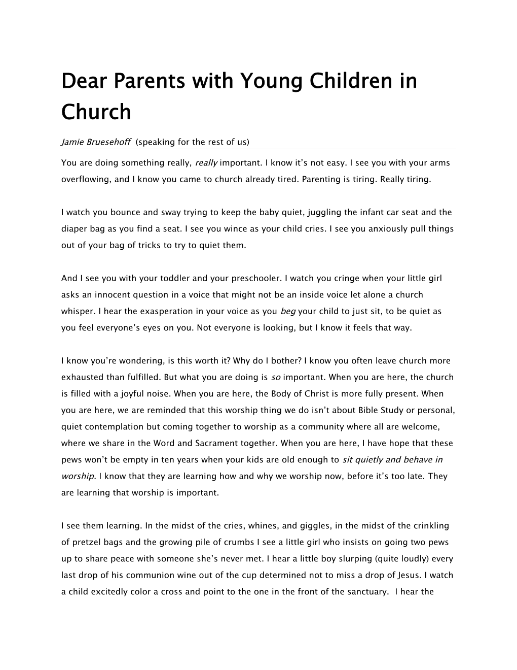 Dear Parents with Young Children in Church