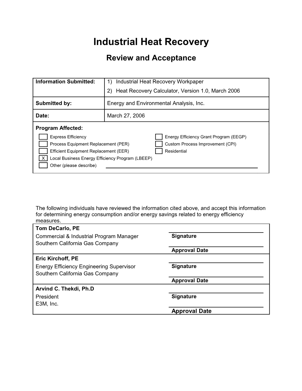 Heat Recovery Workpaper