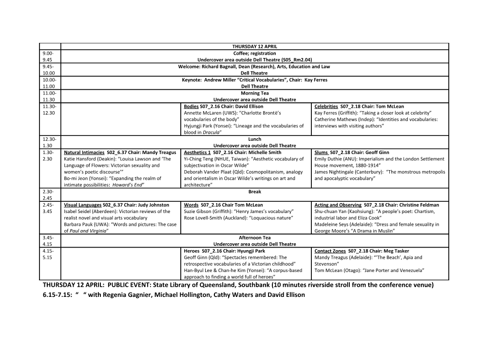 PROGRAM for GLOBAL DICKENS SYMPOSIUM, SUNDAY 15 APRIL. Location: S07 1.23