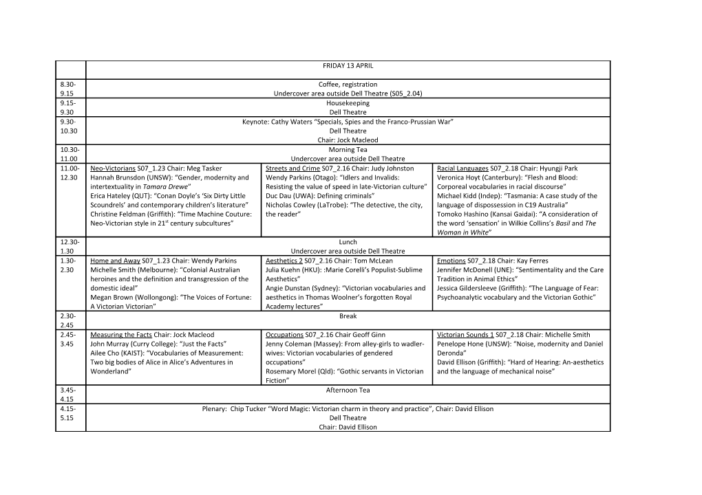 PROGRAM for GLOBAL DICKENS SYMPOSIUM, SUNDAY 15 APRIL. Location: S07 1.23