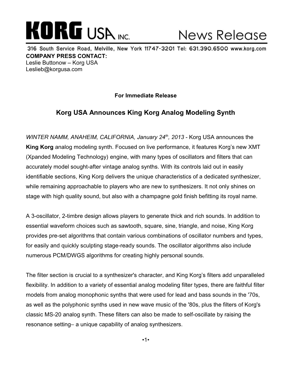 Korg USA Announces King Korg Analog Modeling Synth