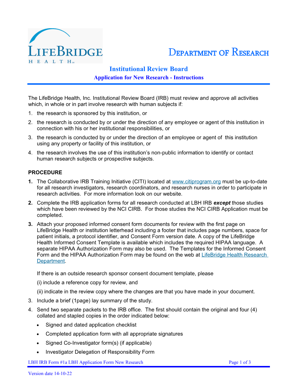 LBH IRB Form #1A LBH Application Form New Research Page 1 of 3