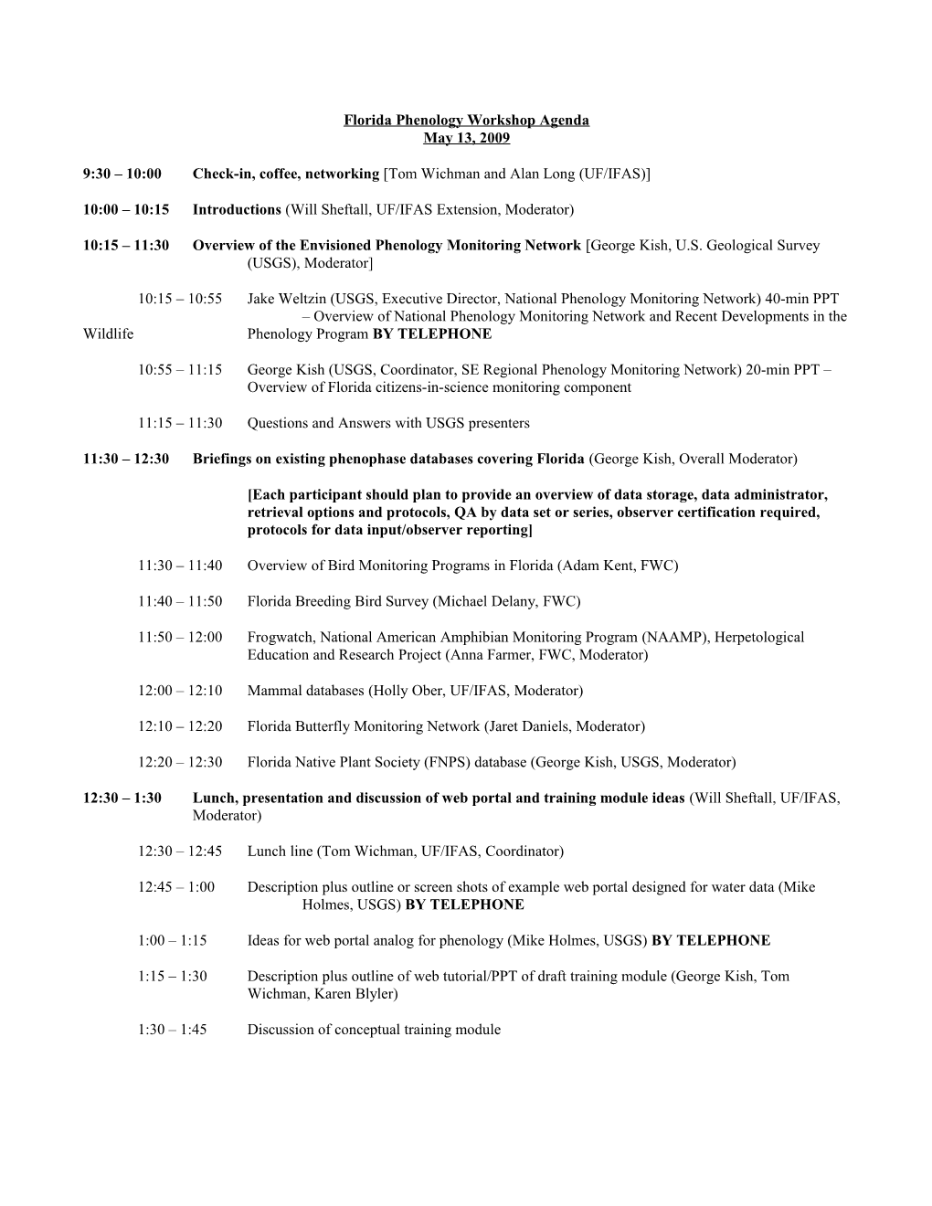 Florida Phenology Workshop Agenda (Tentative)