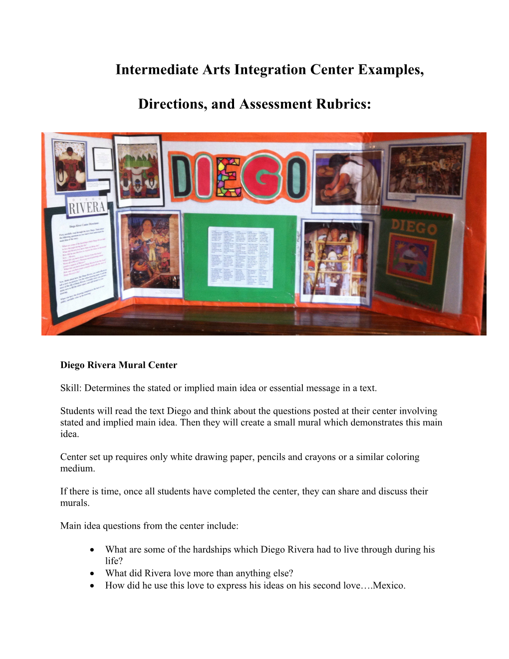 Intermediate Arts Integration Center Examples, Directions, and Assessment Rubrics