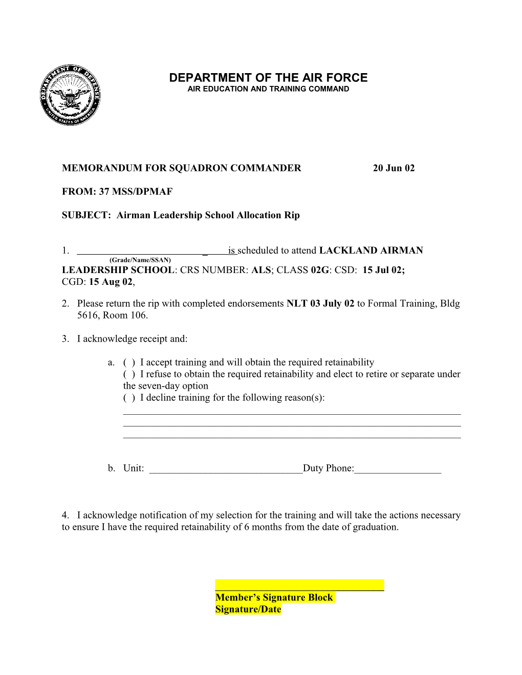 MEMORANDUM for SQUADRON COMMANDER 20 Jun 02