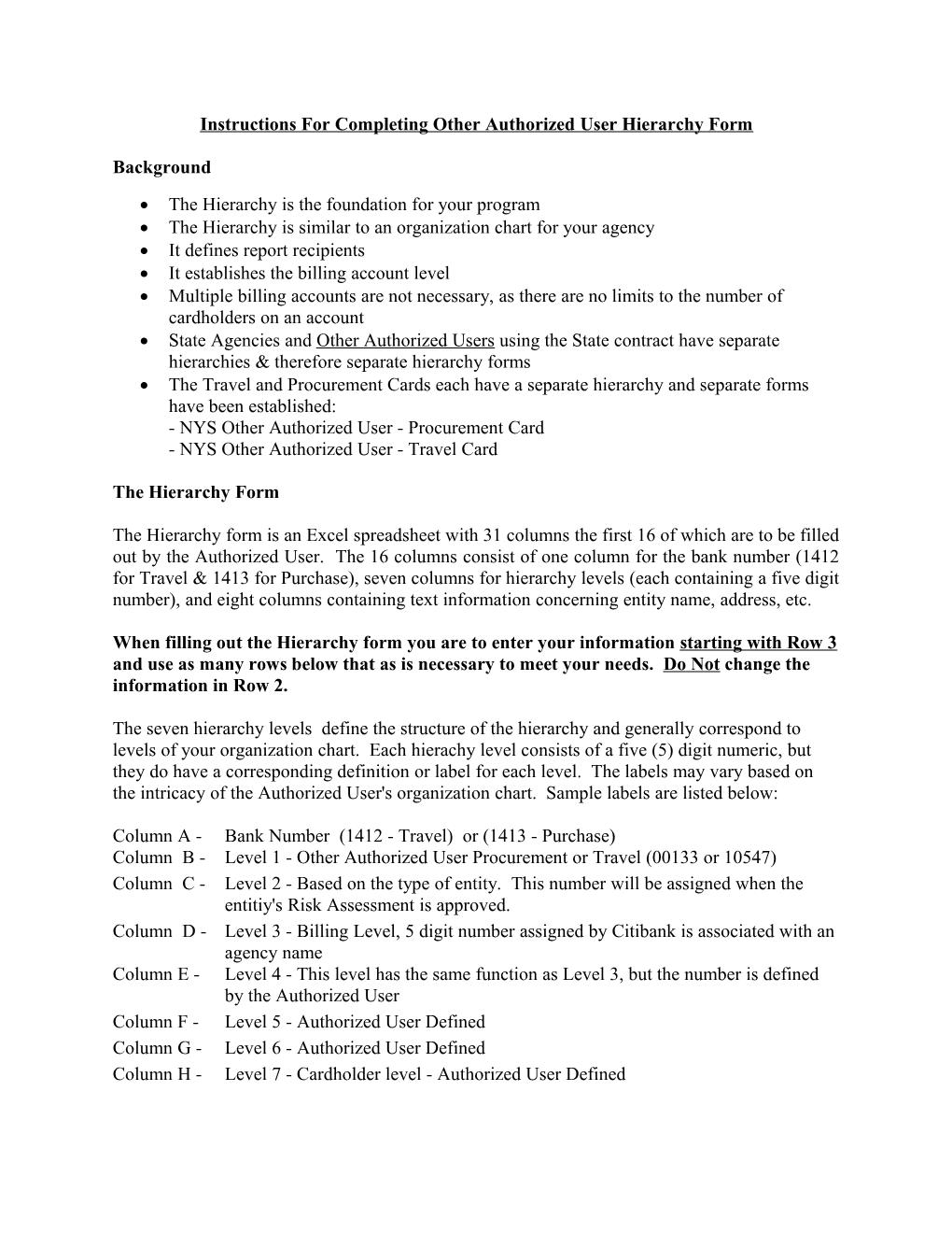 Instructions for Completing Other Authorized User Hierarchy Form