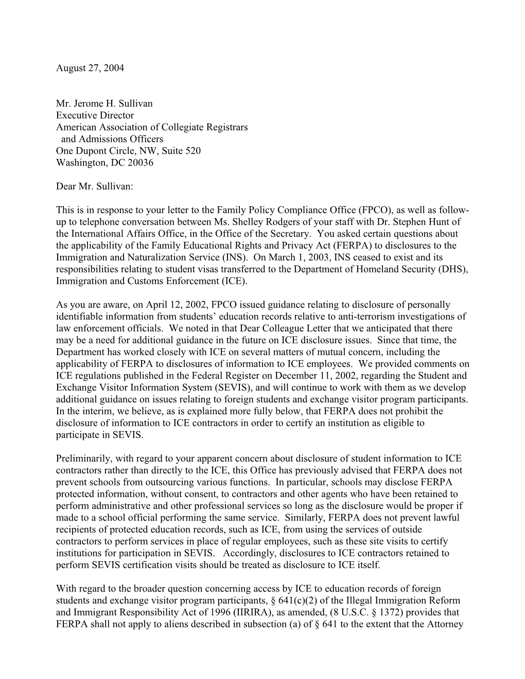 Letter to AACRAO Re: Sevis and Disclosures to SHS/ICE (MS Word)