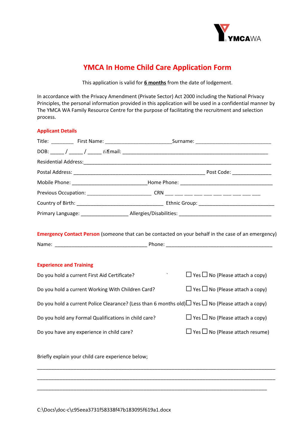 YMCA in Home Child Care Application Form