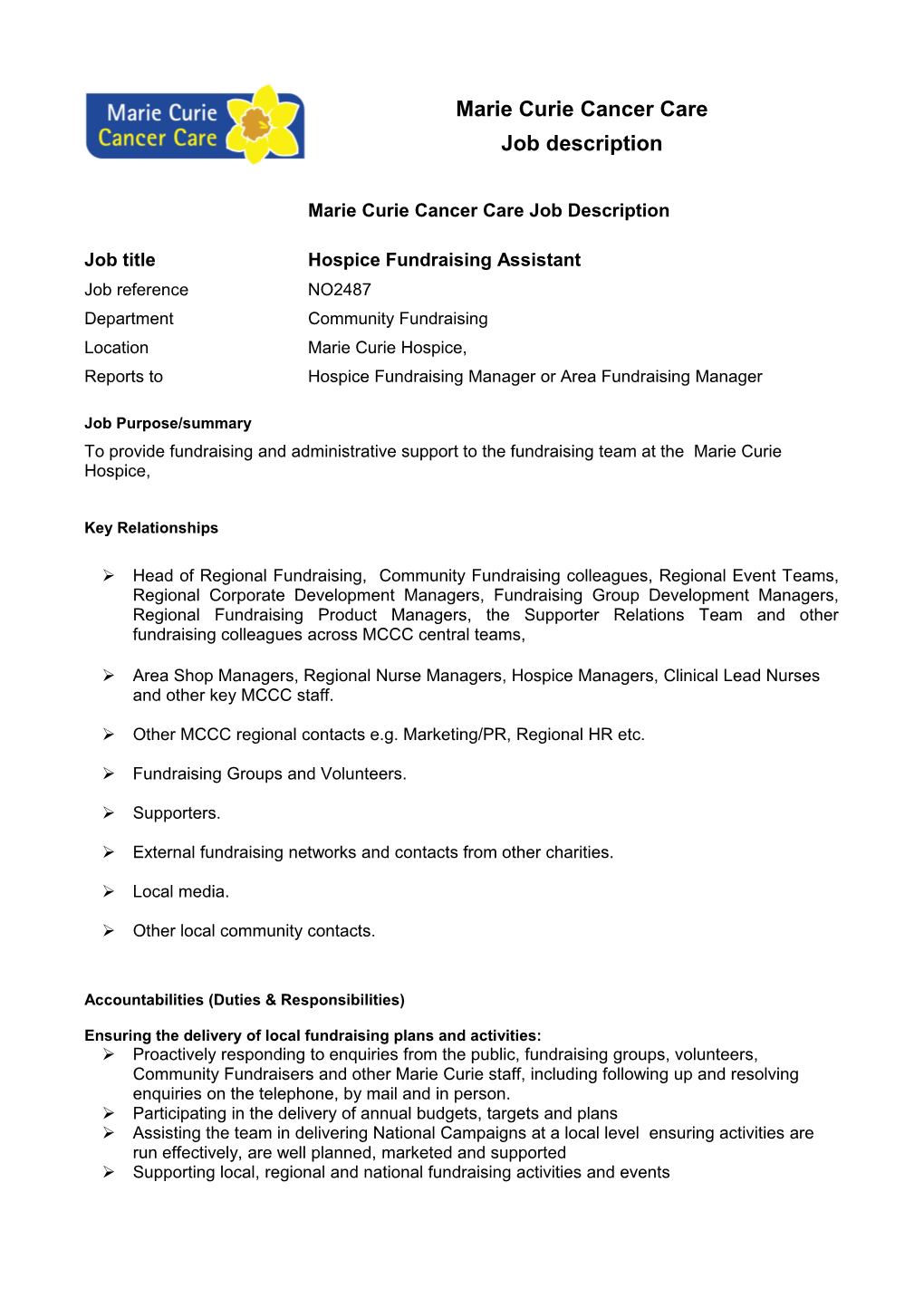 Marie Curie Cancer Care Job Description