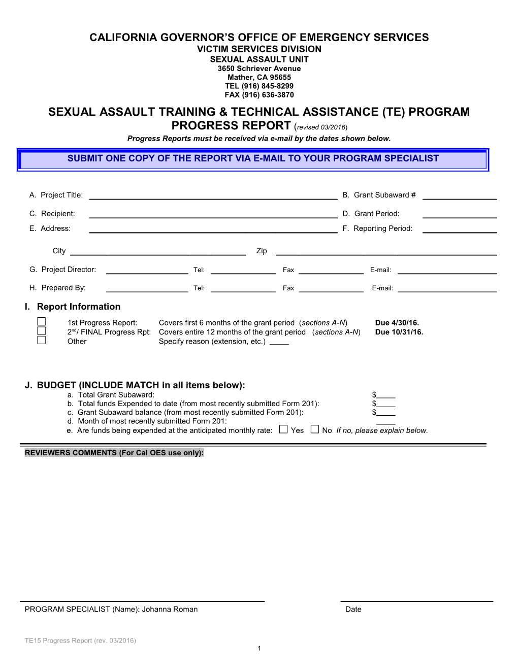 2015-2016 Sexual Assault Training & Technical Assistance (TE) Program Progress Report