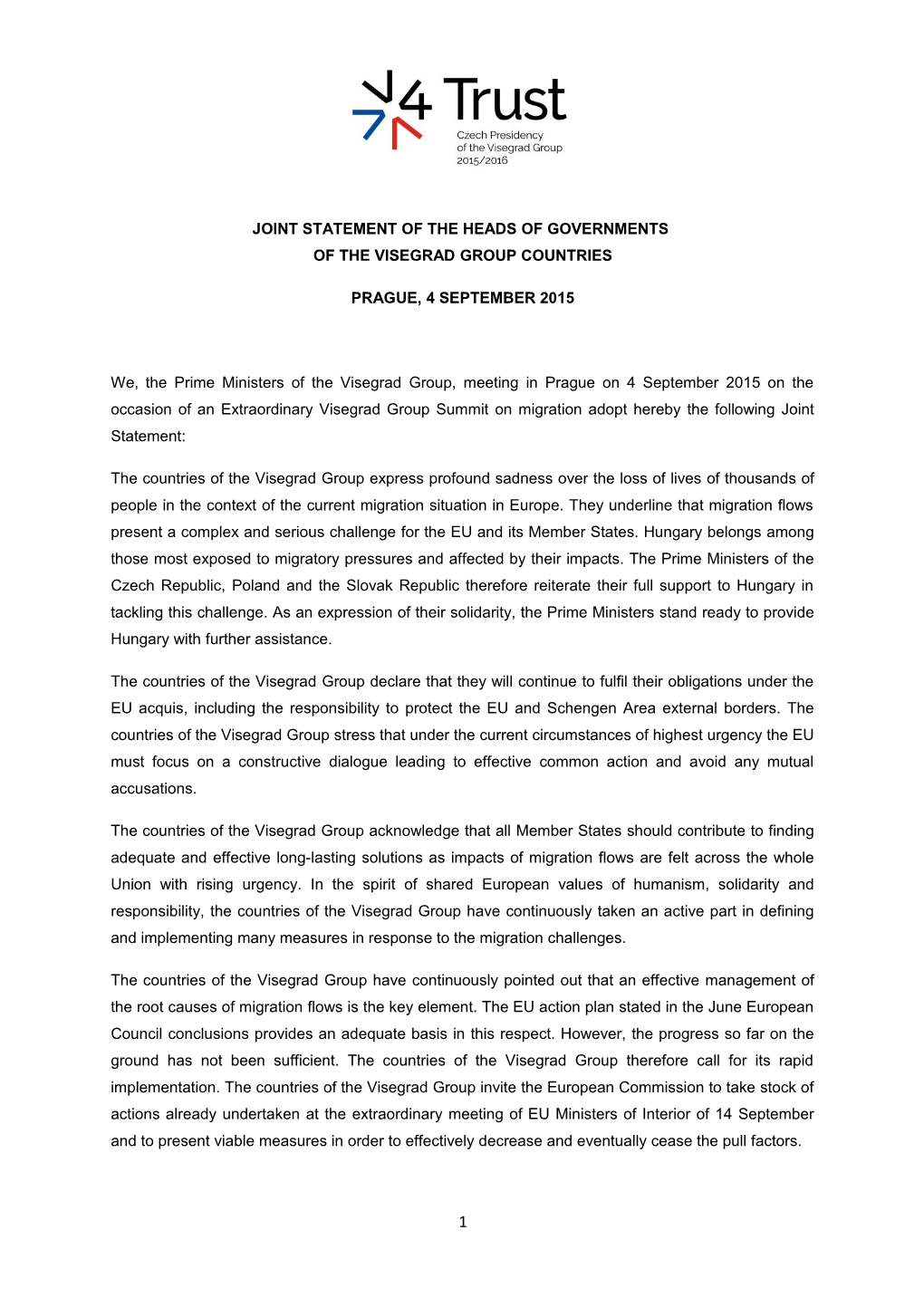 Joint Statement of the Heads of Governments of the Visegrad Group Countries