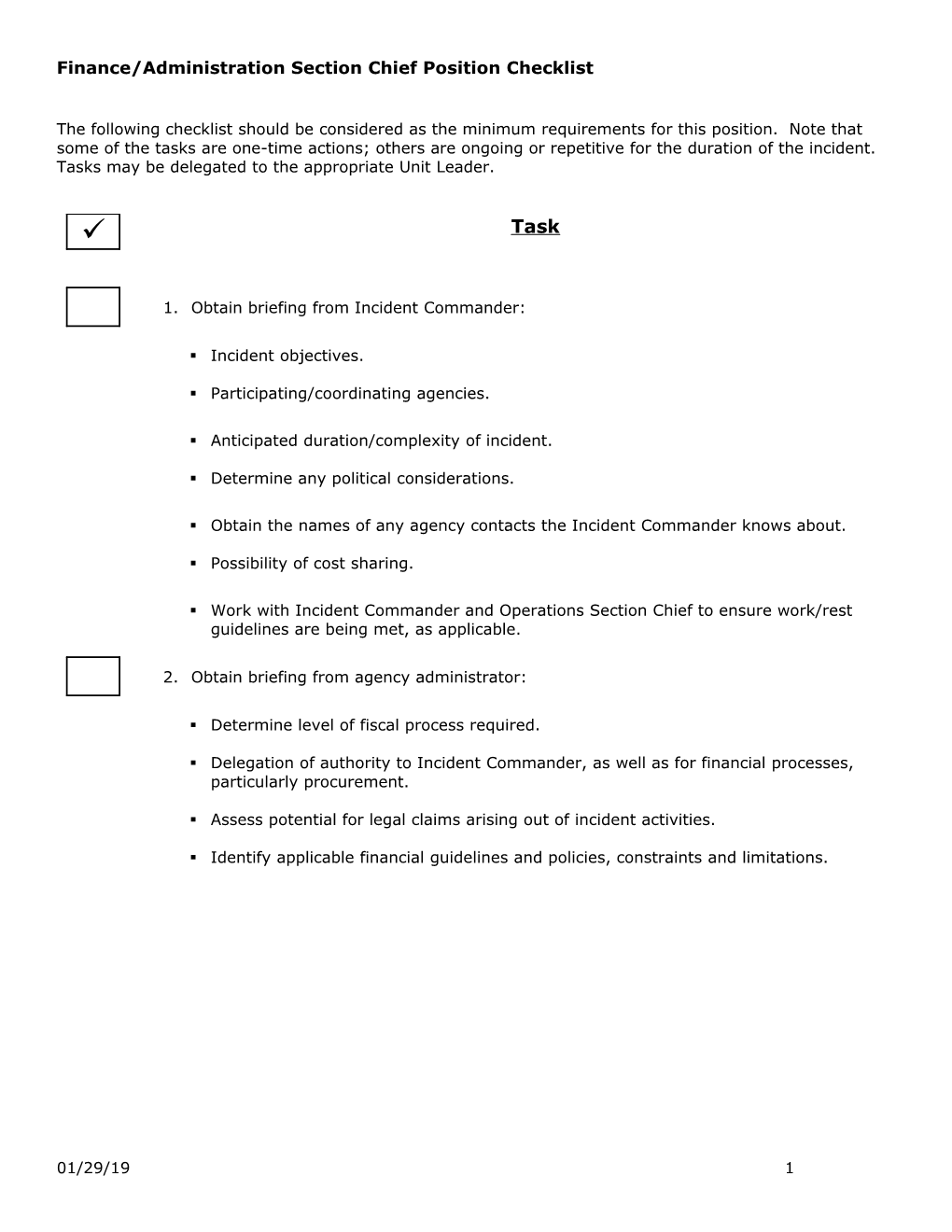 Finance/Administration Section Chief Position Checklist