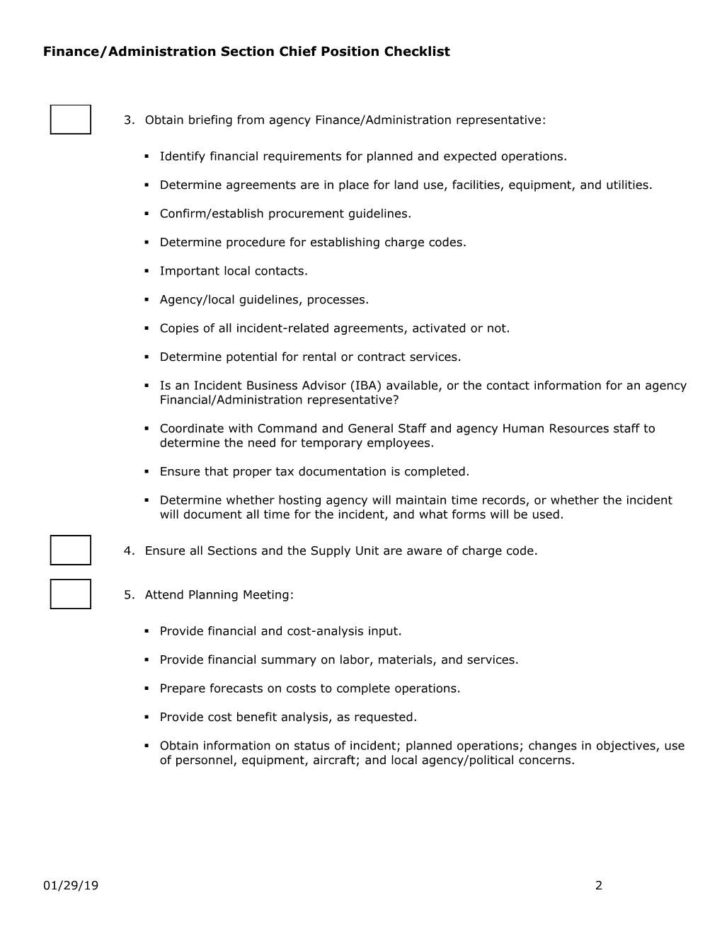 Finance/Administration Section Chief Position Checklist