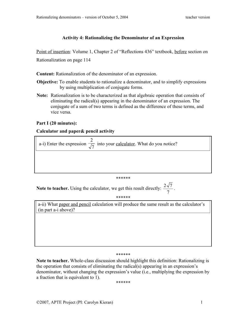 Activity 4: Rationalizing the Denominator of an Expression