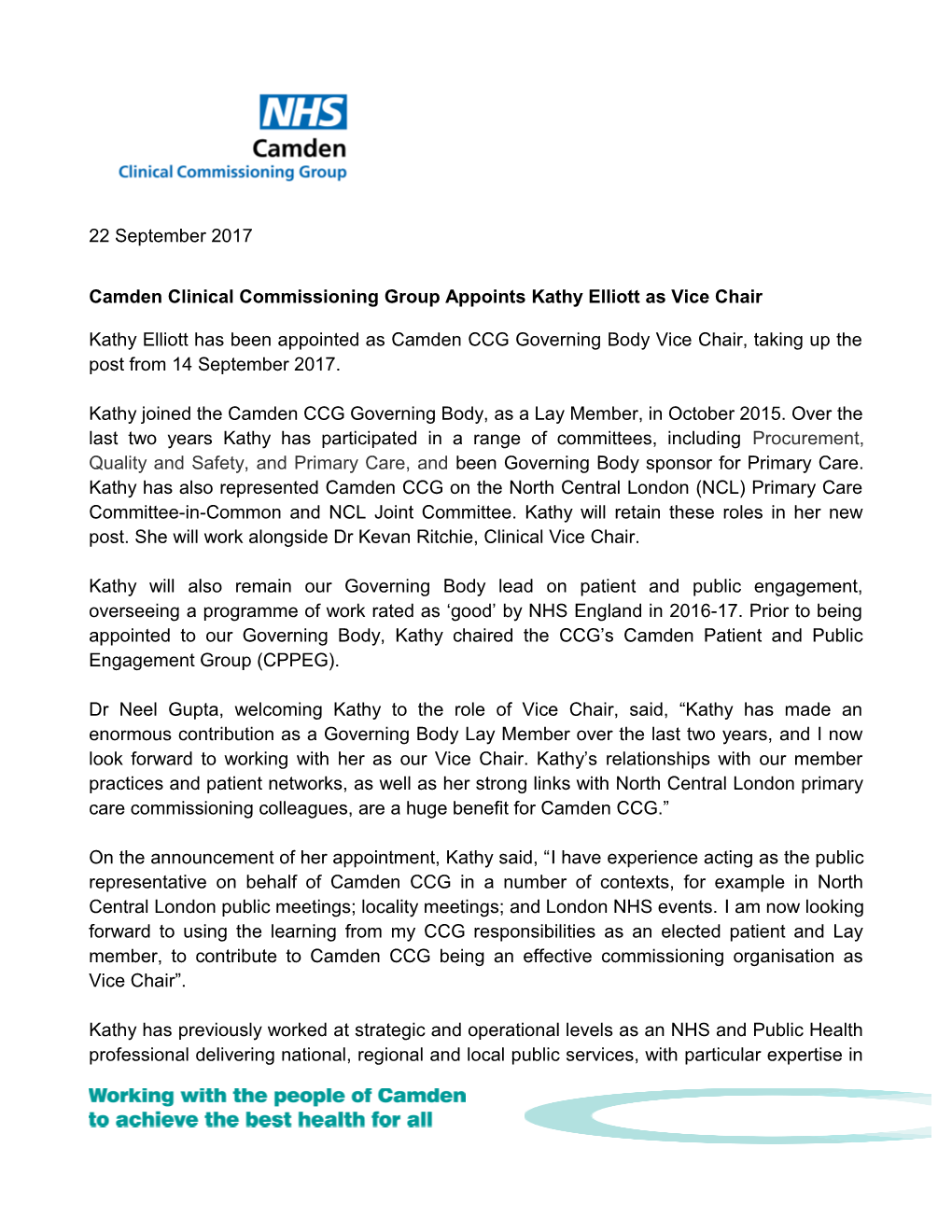 Camden Clinical Commissioning Group Appoints Kathy Elliott As Vice Chair